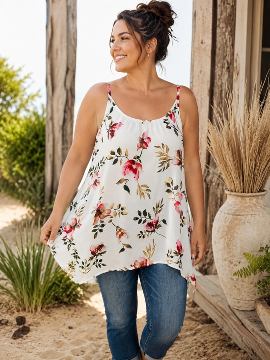 torrid Tops - Torrid 0 Or L White Floral Handkerchief Hem Tunic Tank Top Boho